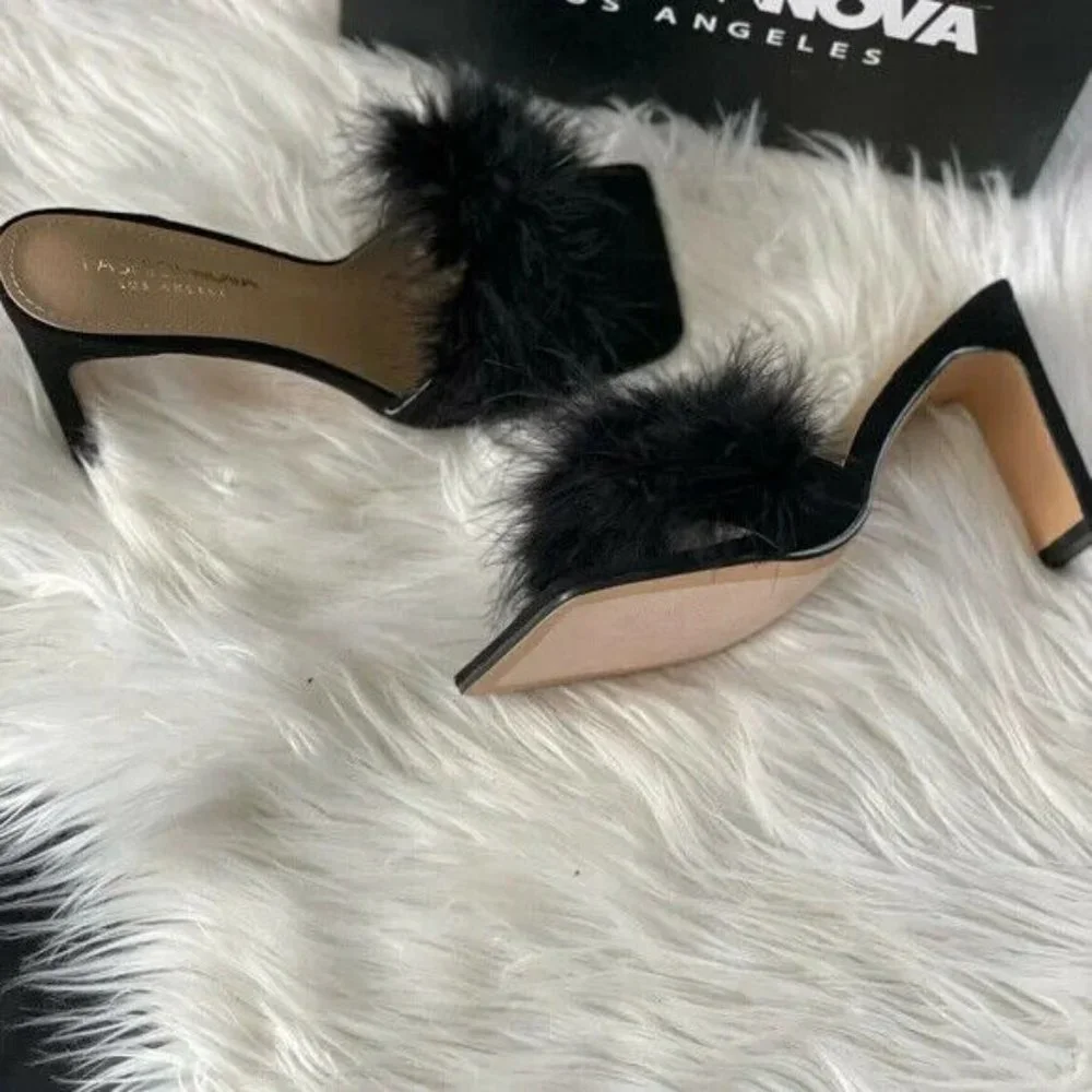 Fashion Nova Women Black Fax fux Sandals Mules Sexy Block High Heels  Sz 7.5 - Picture 4 of 9